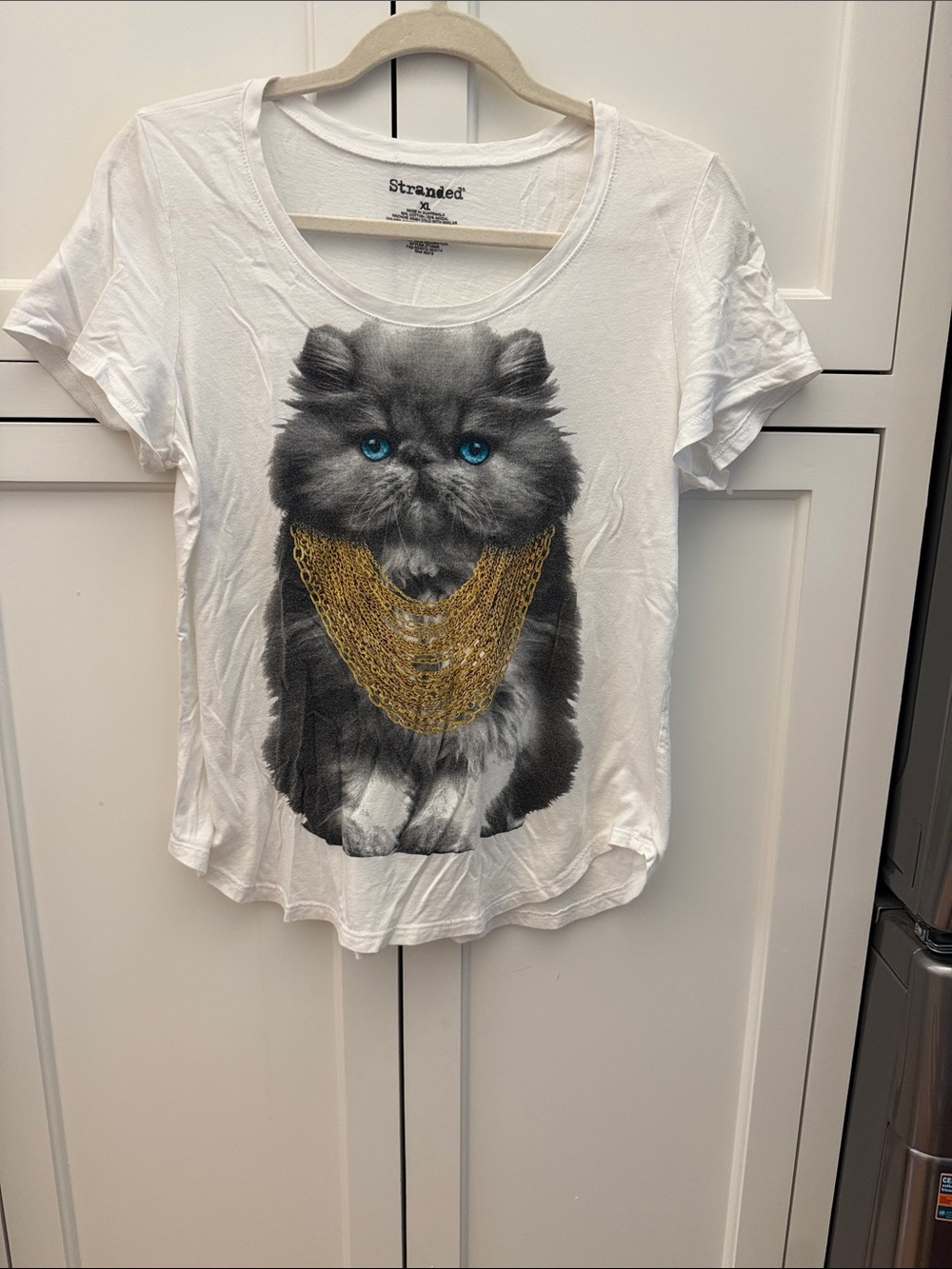 Stranded White Tee with Gray Cat and Blue Eyes, Gold Necklace Print